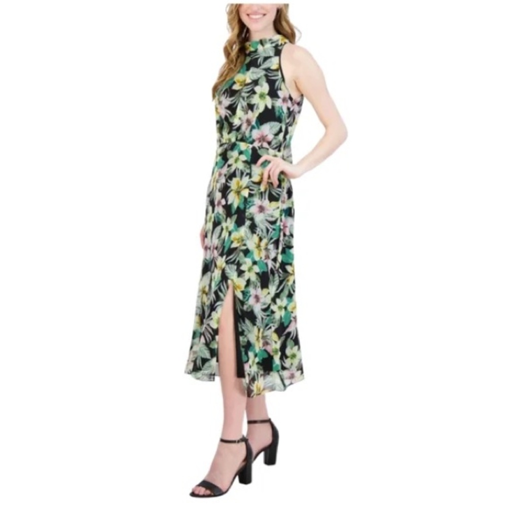 NWT Julia Jordan halter neck green Hawaii floral lined midi dress with slit